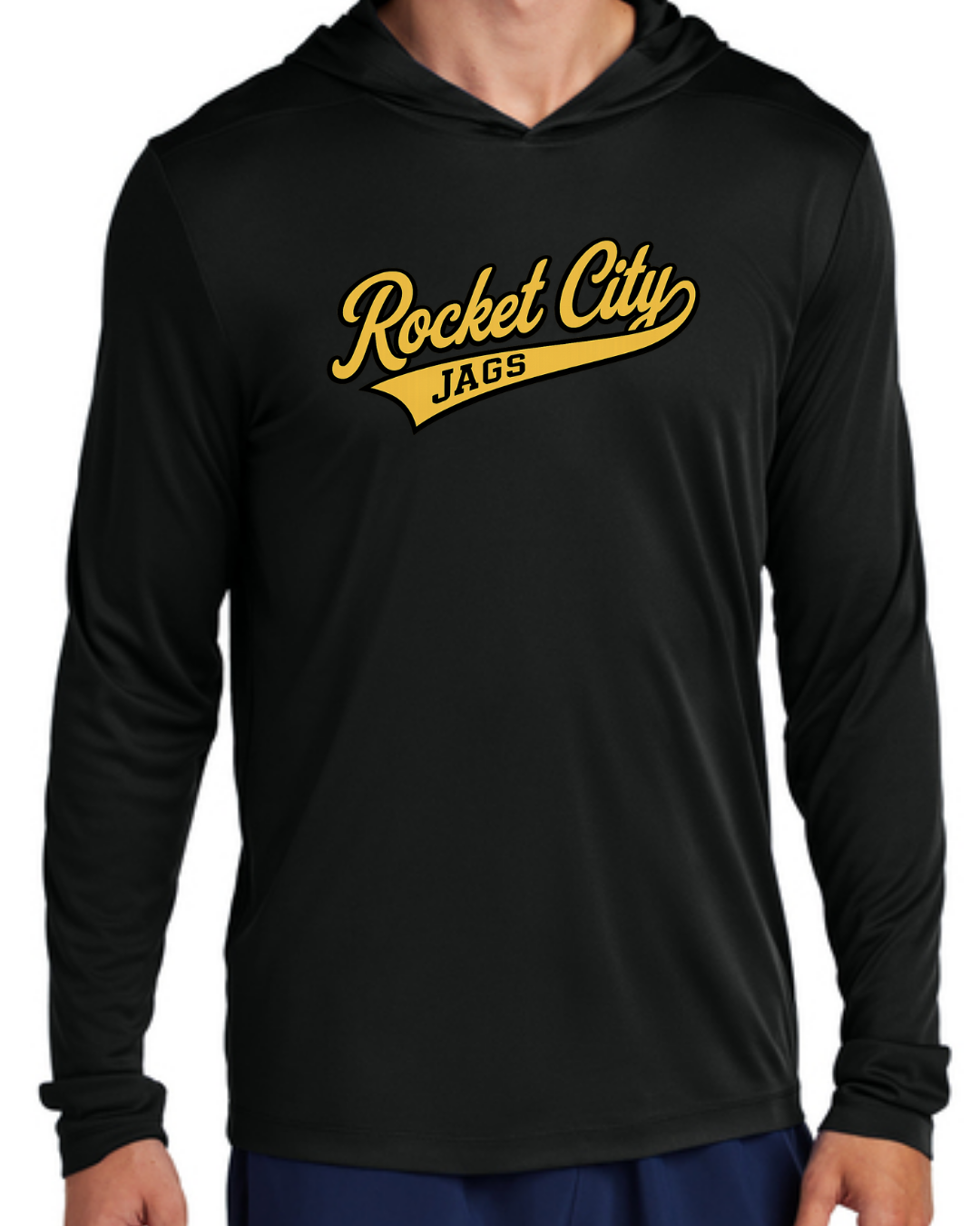2026 Fall Collection - Rocket City Jags UV Long Sleeve Poly Hooded Shirt (Black and White)
