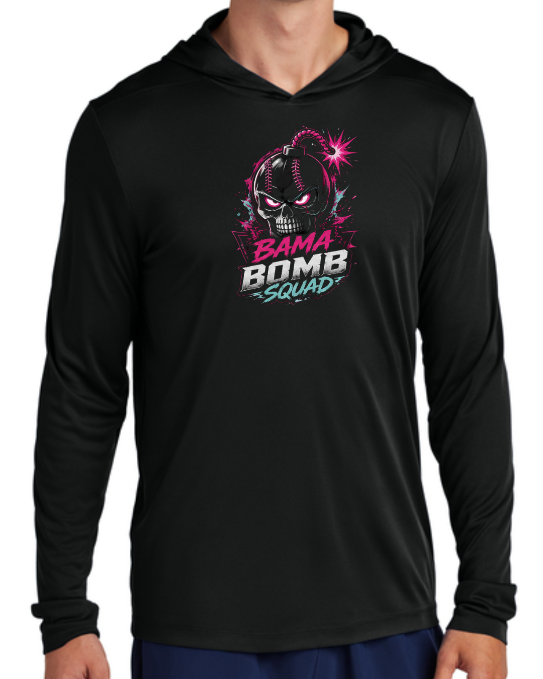 Bama Bomb Squad Bombs Away Long Sleeve Poly Hooded Shirt (Black and White)