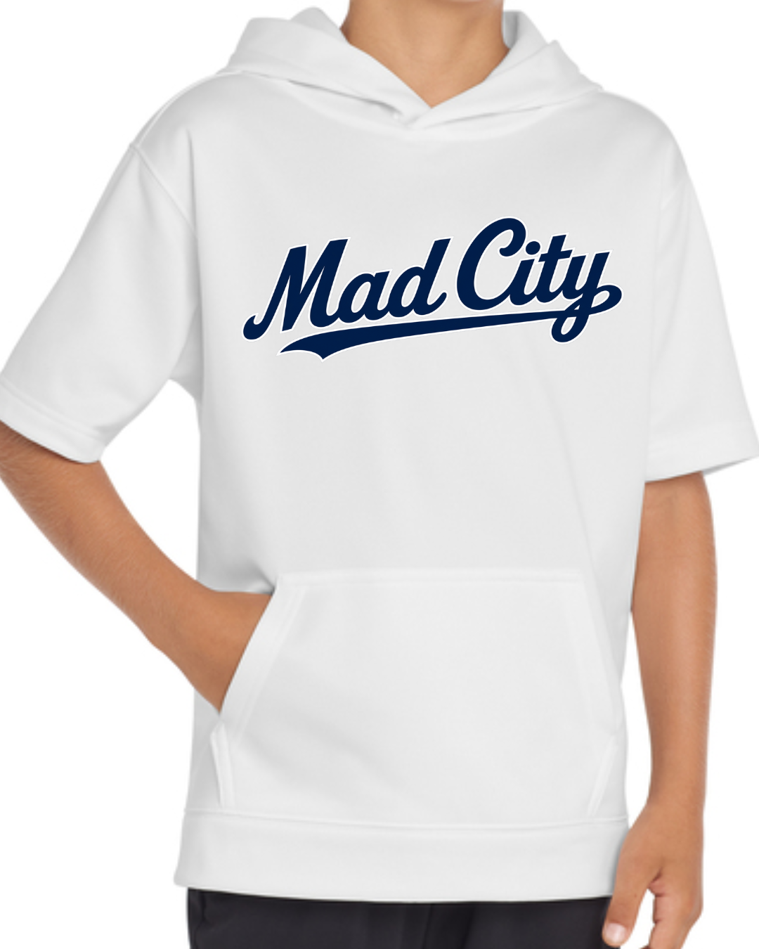 Mad City Fall 2026 Collection - Short Sleeve Fleece Hoodie (Navy and White)