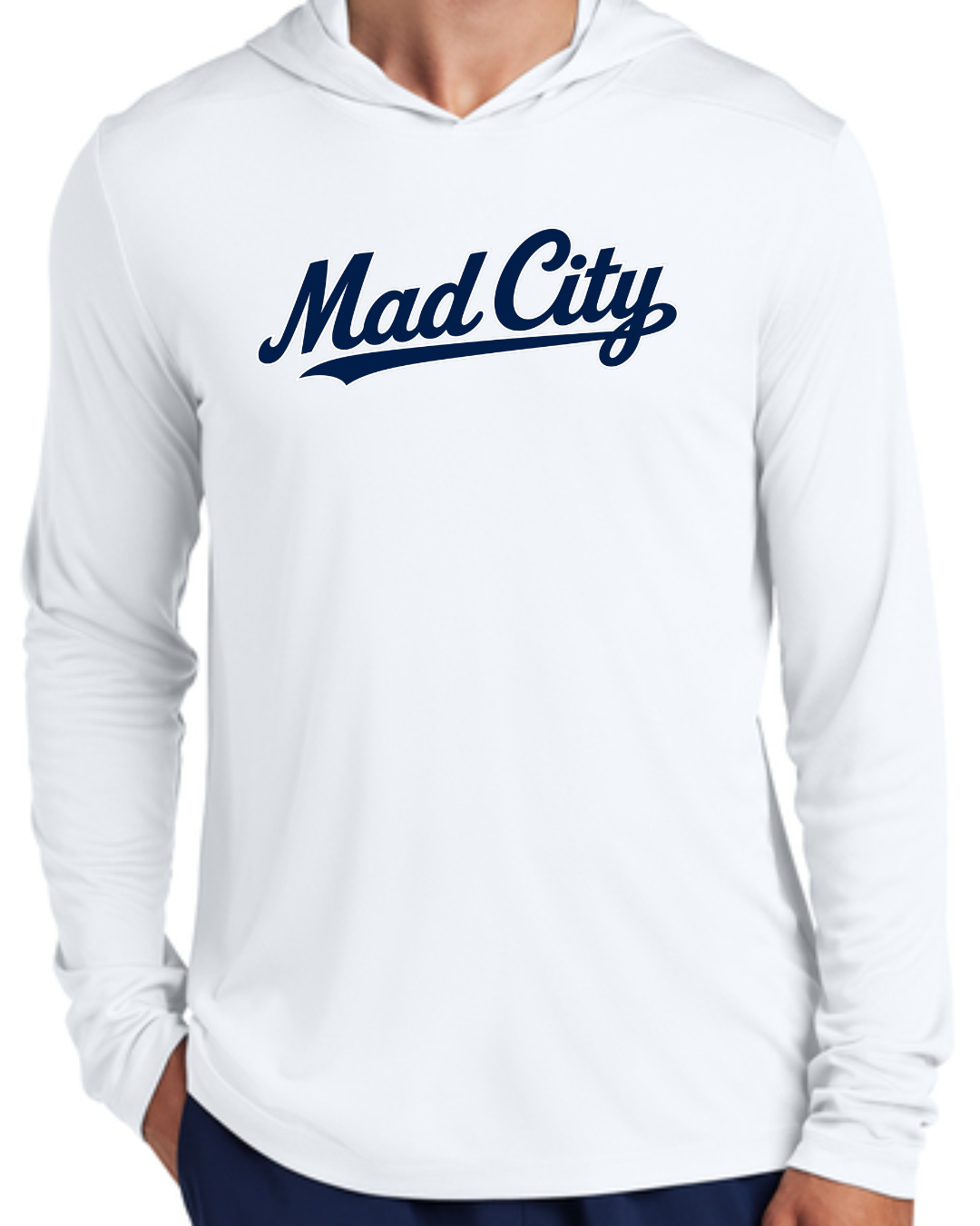 Mad City 2026 Fall Collection - Hooded Long Sleeve Poly Shirt (Navy, White, Columbia Blue)