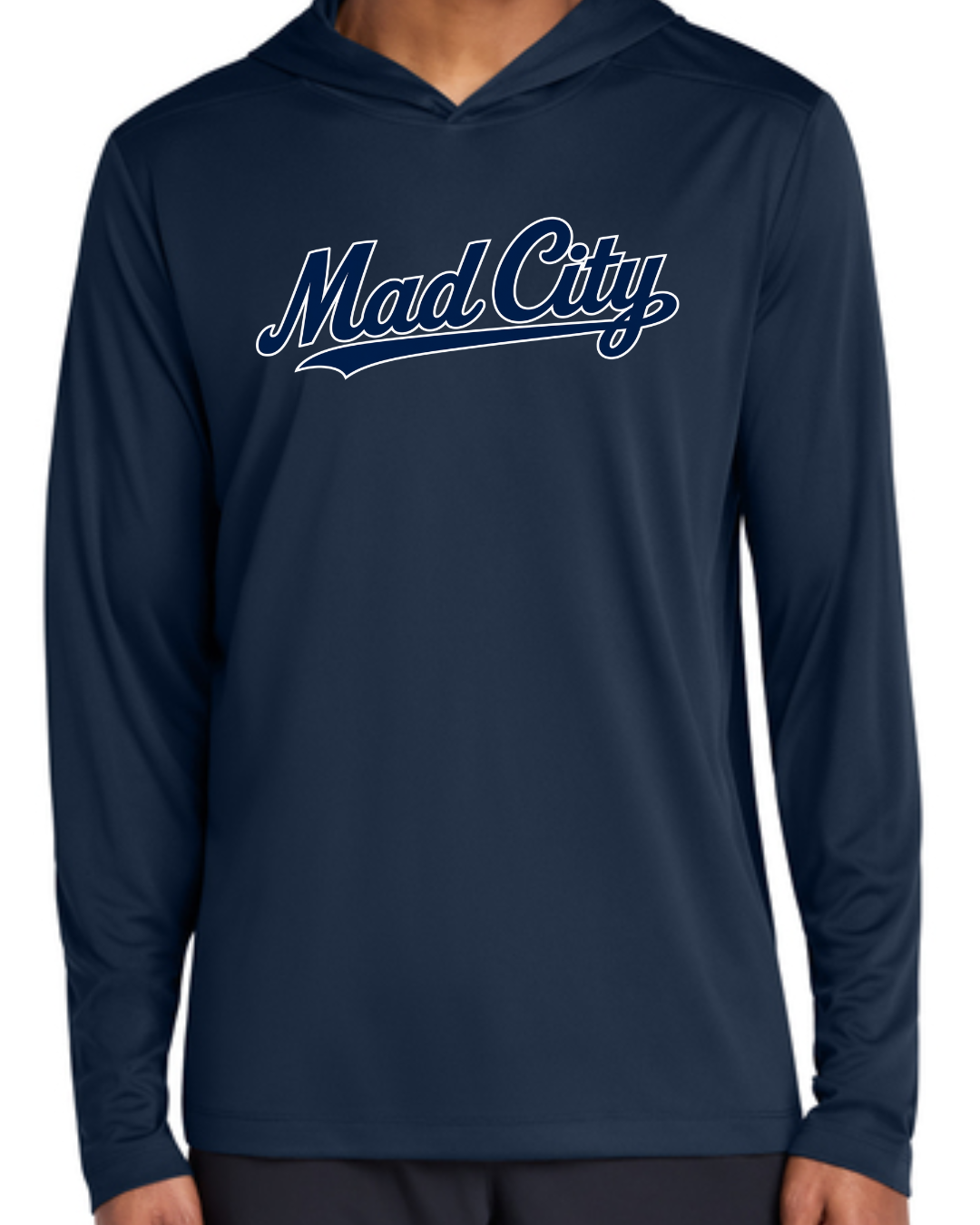Mad City 2026 Fall Collection - Hooded Long Sleeve Poly Shirt (Navy, White, Columbia Blue)