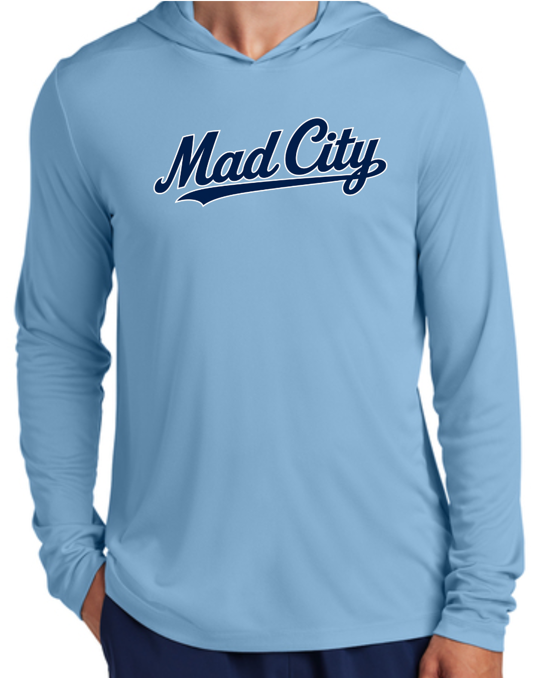 Mad City 2026 Fall Collection - Hooded Long Sleeve Poly Shirt (Navy, White, Columbia Blue)