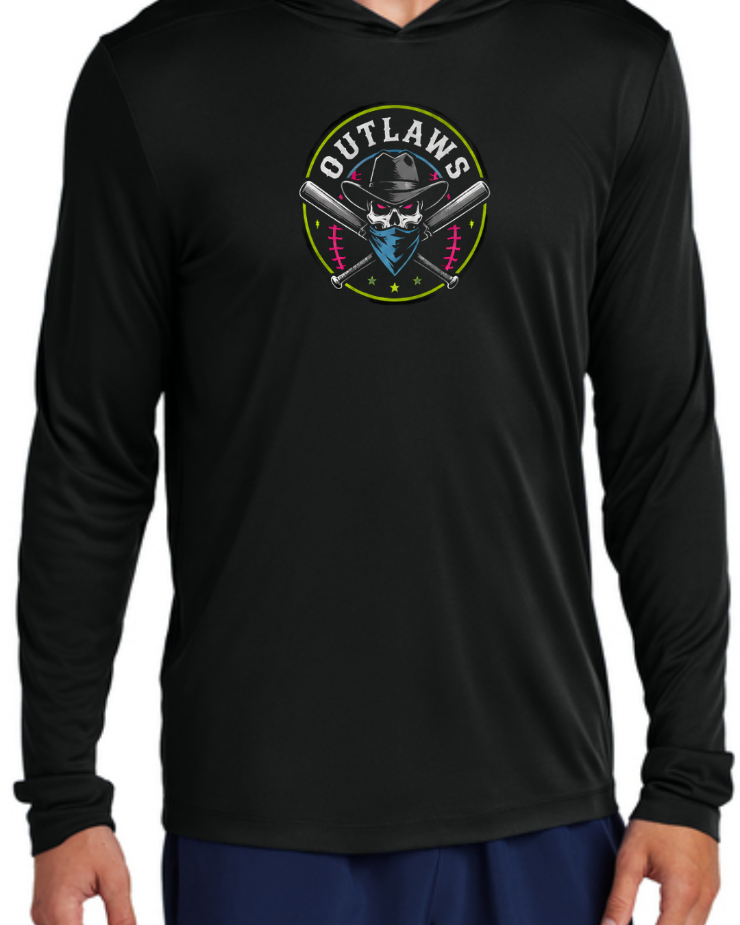 Outlaws Long Sleeve Poly Hooded Shirt (Multiple Designs and Colors)