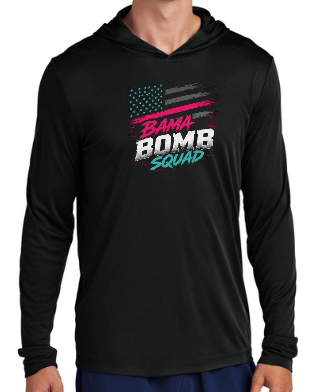 Bama Bomb Squad Long Sleeve Poly Hooded Shirt Multiple Designs and Colors