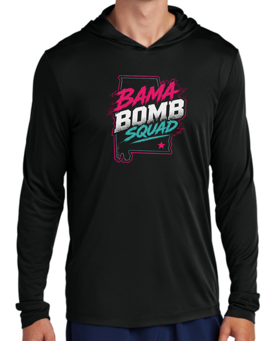 Bama Bomb Squad Long Sleeve Poly Hooded Shirt Multiple Designs and Colors
