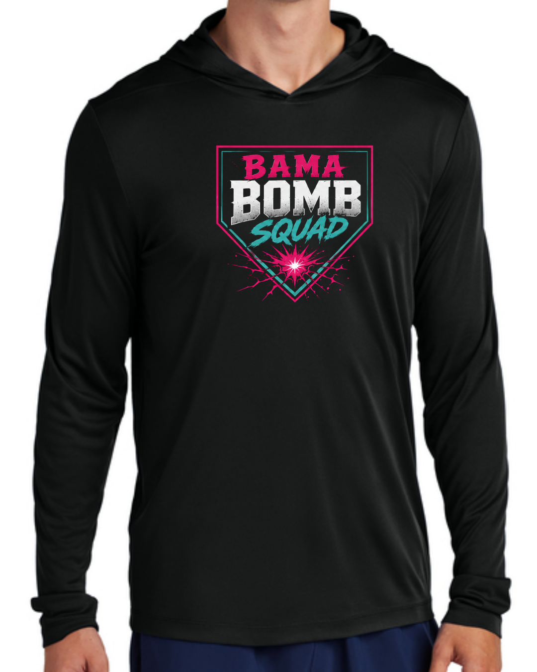 Bama Bomb Squad Long Sleeve Poly Hooded Shirt Multiple Designs and Colors
