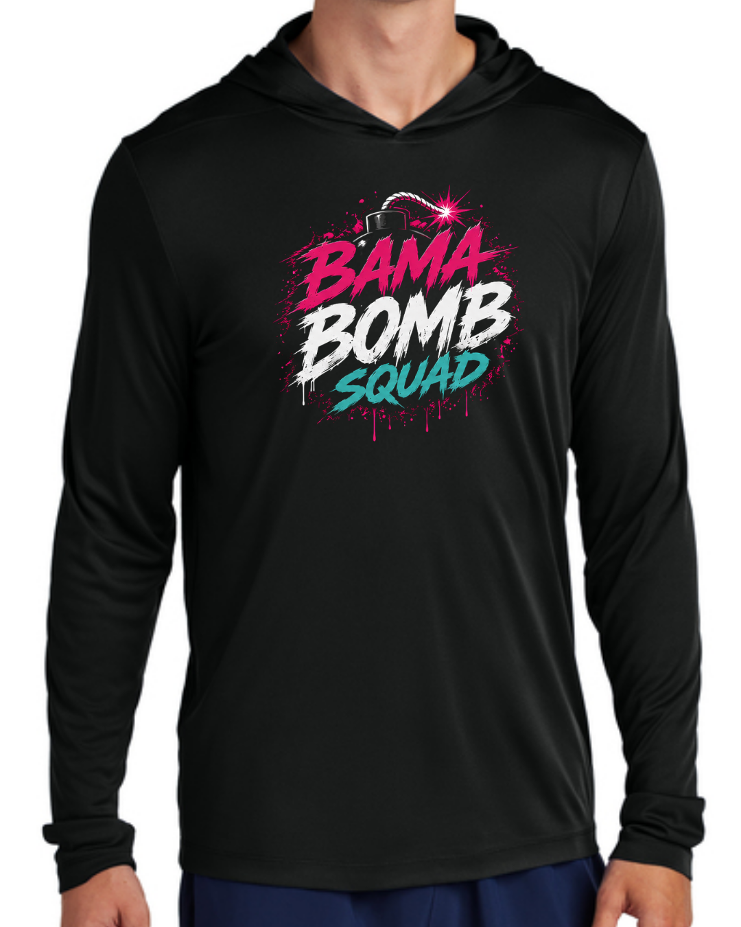 Bama Bomb Squad Long Sleeve Poly Hooded Shirt Multiple Designs and Colors