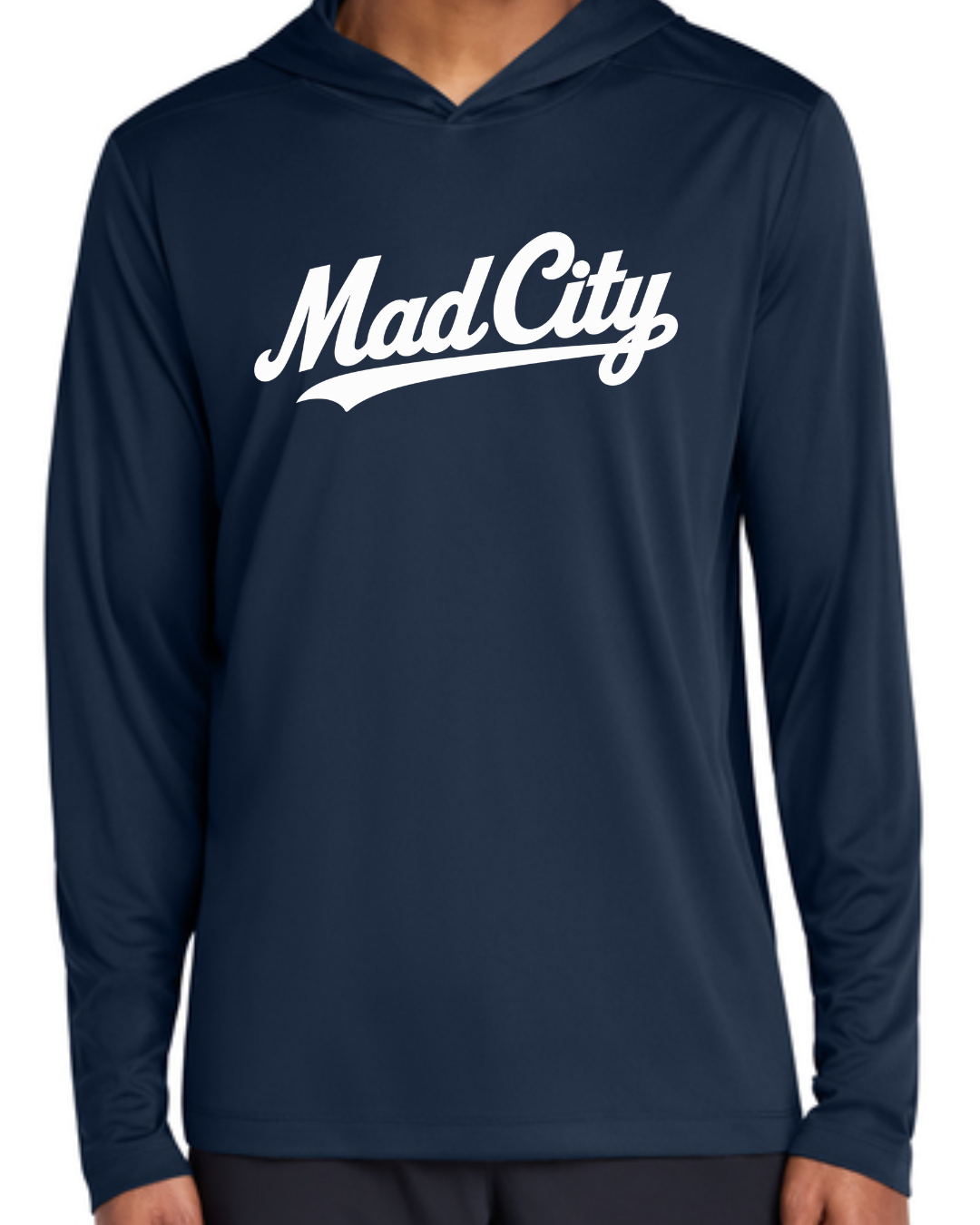 Mad City 2026 Fall Collection - Hooded Long Sleeve Poly Shirt (Navy, White, Columbia Blue)
